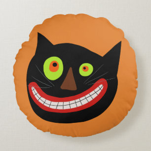 Crazy Cat Face   Halloween Round Pillow