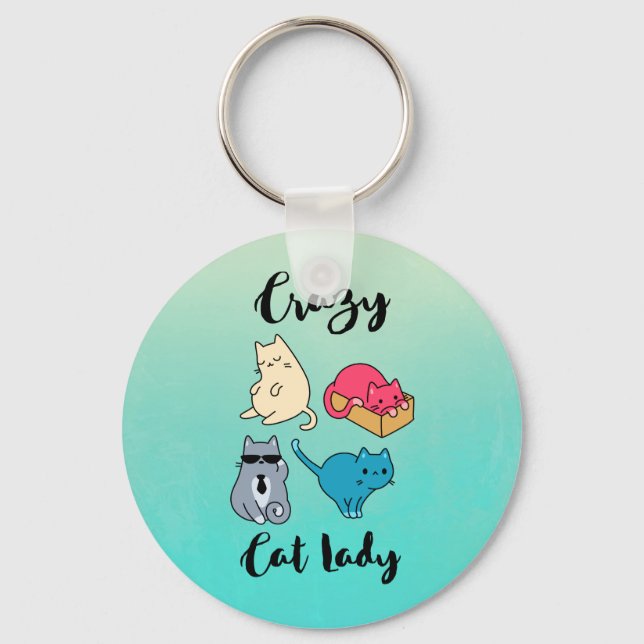 Crazy Cat Lady and 4 Cute Cats Keychain (Front)