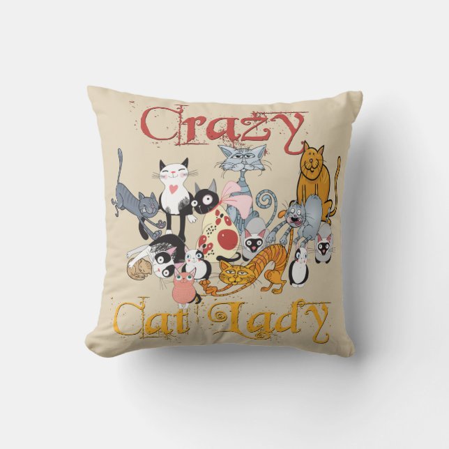 Crazy Cat Lady Cartoon Cats Throw Pillow (Front)
