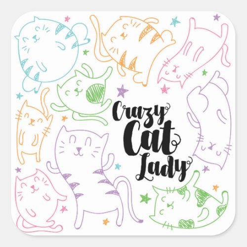 Crazy Cat Lady Colorful Cartoon Pattern Gift Square Sticker