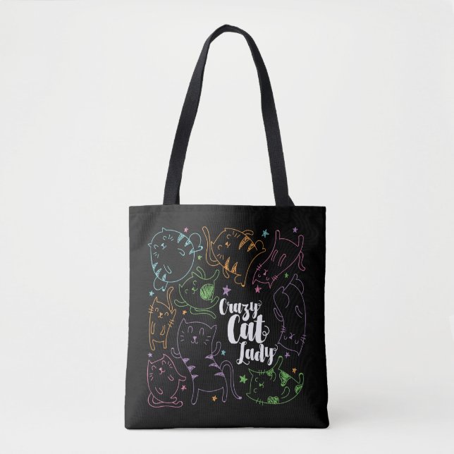 Crazy Cat Lady Colorful Cartoon Pattern Gift Tote Bag (Front)