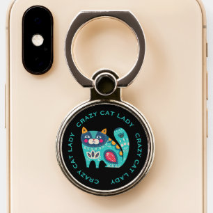 CRAZY CAT LADY, Colorful Fun Stylized Cat Phone Ring Stand