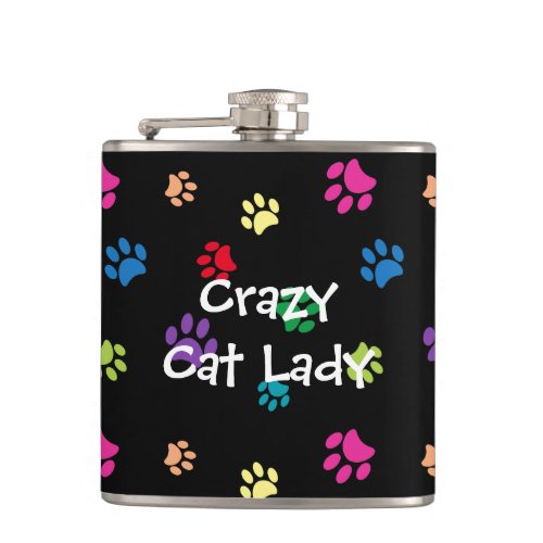 Crazy Cat Lady Colorful Paw Prints Flask