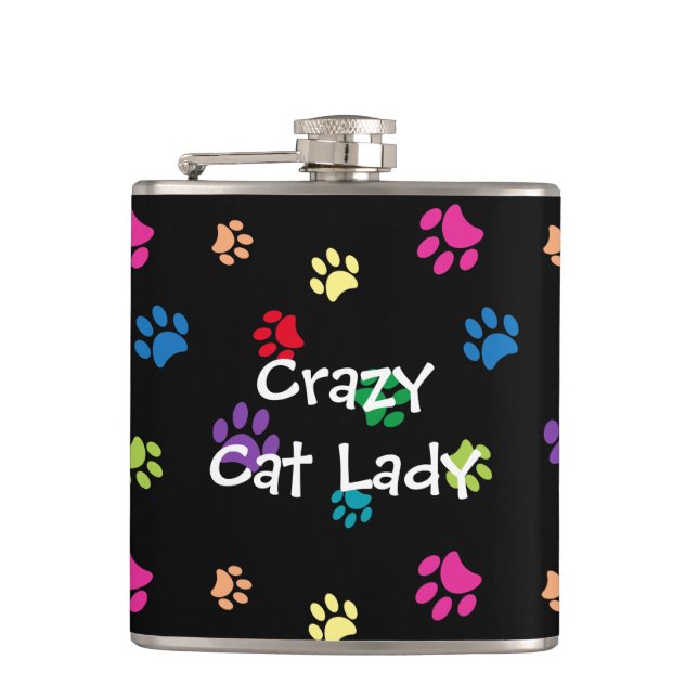 Crazy Cat Lady Colorful Paw Prints Flask (Front)