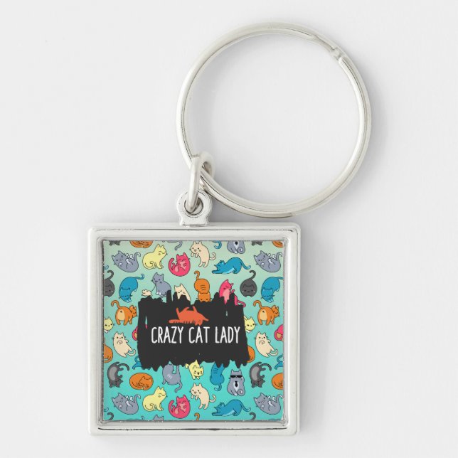 Crazy Cat Lady Cute and Playful Cat Pattern Keychain (Front)