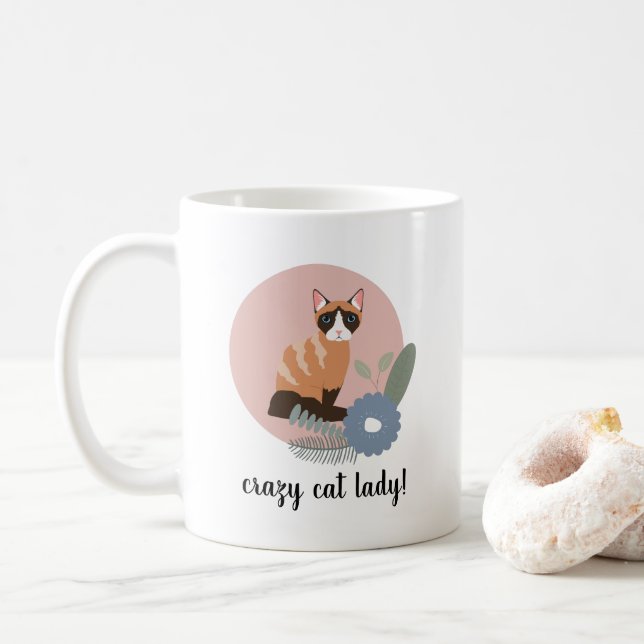 Crazy Cat Lady Floral Cat Illustration Coffee Mug (With Donut)