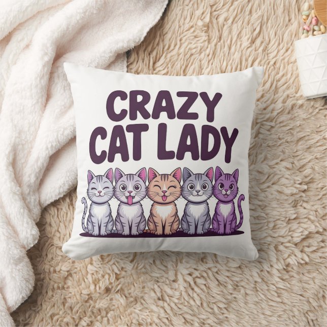 Crazy Cat Lady Funny Cute Purple Cat Cartoon Throw Pillow (Blanket)