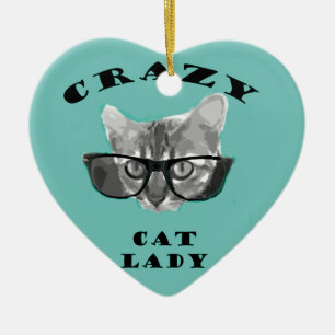 Crazy Cat Lady Funny Slogan with Hipster Glasses Ceramic Ornament