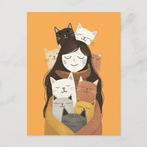 Crazy Cat Lady Illustration Cute Quirky Postcard