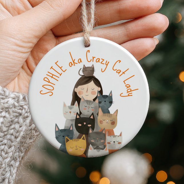 Crazy Cat Lady Illustration with Name  Quirky& Fun Ceramic Ornament (Creator Uploaded)
