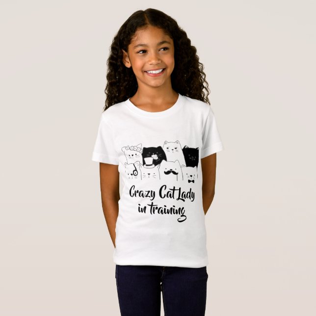 Crazy Cat Lady In Training// B/w Cat doodle T-Shirt (Front Full)