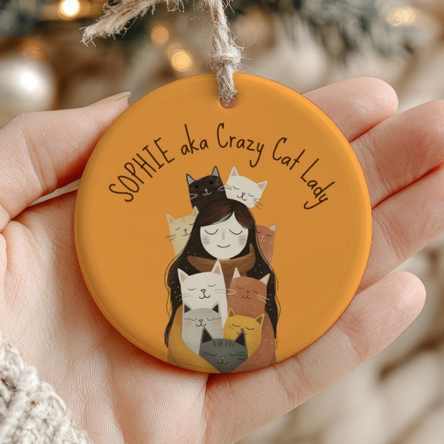 Crazy Cat Lady on Paw Pattern Custom Name Yellow Ceramic Ornament (Creator Uploaded)