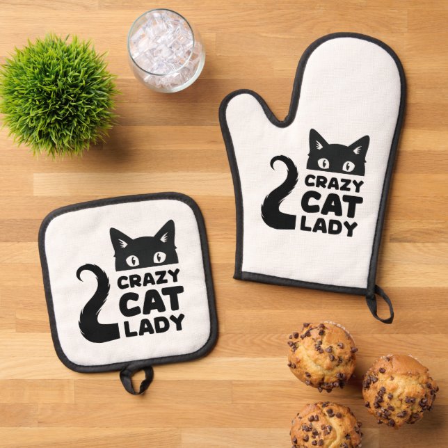 Crazy Cat Lady Oven Mitt & Pot Holders Holder Set (Top Down)