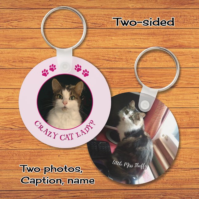 Crazy cat lady photo custom text pink keychain (Creator Uploaded)