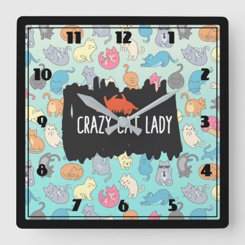 Crazy Cat Lady Playful Cat Pattern Square Wall Clock