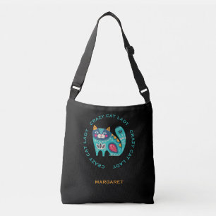 Crazy Cat Lady, Stylized Cat Illustration Crossbody Bag