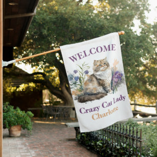 Crazy Cat Lady Tabby Cat WELCOME House Flag