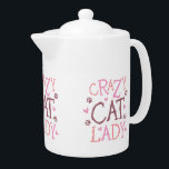 Crazy Cat Lady Teapot<br><div class="desc">If you're nuts about cats, this custom cat themed teapot is for you! Tiny kitty footprints and pink hearts surround the saying, "Crazy Cat Lady." Makes a great gift for the cat lover in your life.</div>