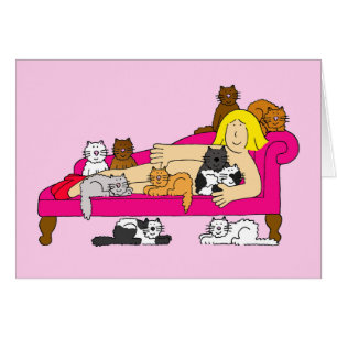 Crazy Cat Lady with Cats Cartoon Cards
