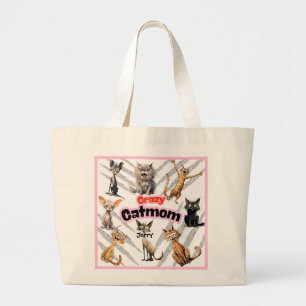 Crazy Cat Mom with Personalized Name Large Tote Bag