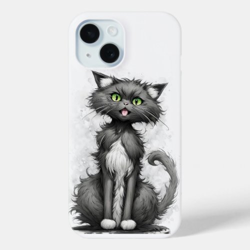 Crazy Cat On White iPhone 15 Case