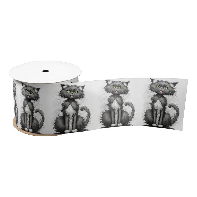 Crazy Cat On White Satin Ribbon (Spool)