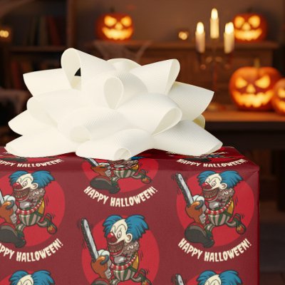 Crazy Chainsaw Clown Halloween Party Cartoon Wrapping Paper