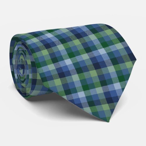 Crazy Check Plaid Denim and Green Two_Sided Neck Tie