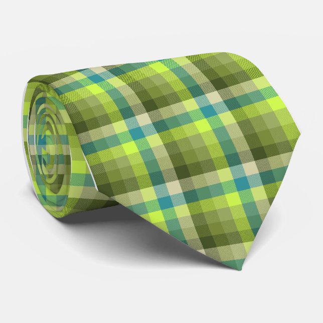 Crazy Check Plaid Lime Single-Sided Neck Tie (Rolled)