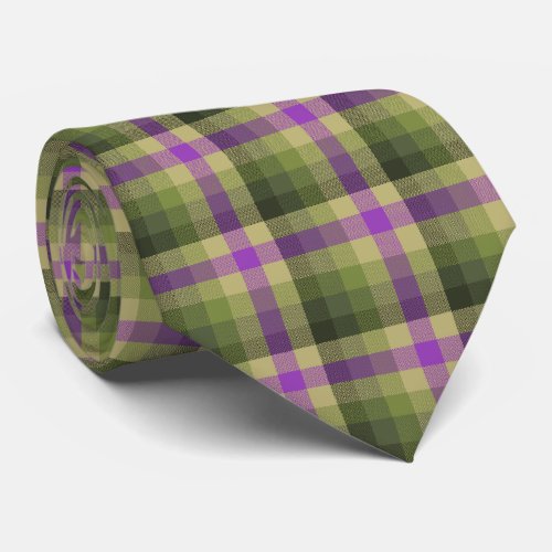 Crazy Check Plaid Olive Green and Violet Two_Sided Tie