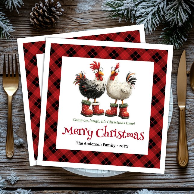 Crazy Christmas chickens napkin editable name set (Funny Christmas chickens napkin editable name set)
