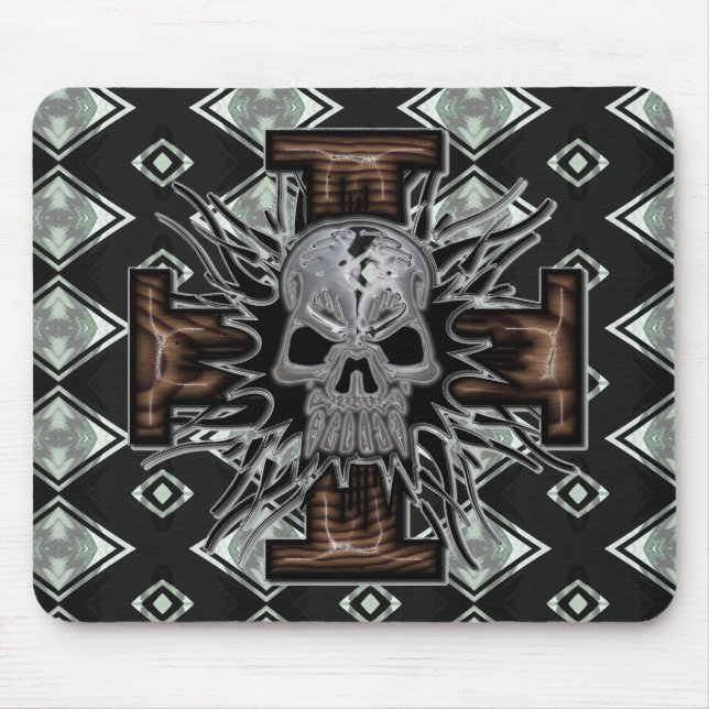 Crazy Chrome Skull with Wooden 3D Beveled Cross al Mouse Pad (Front)