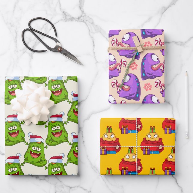 Crazy Colorful Monster Christmas Pattern Wrapping Paper Sheets (Front)