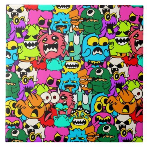 Crazy Colorful Monster Doodle Pattern Ceramic Tile