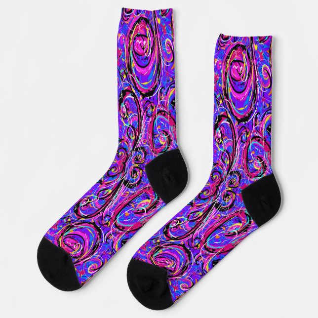 Crazy Colorful Purple Pink Blue Abstract Art Socks (Left)