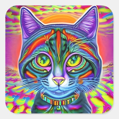 Crazy Cool Eyed Mystical Colorful Cat  Square Sticker