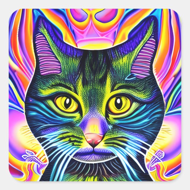 Crazy Cool Eyed Spiritual Colorful Cat   Square Sticker (Front)