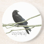 Crazy Crow Lady Coaster<br><div class="desc">A crow sitting on a branch with the words "Crazy Crow Lady" underneath.</div>