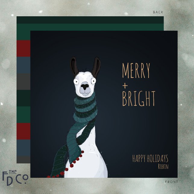 Crazy Cute “Merry + Bright” Llama Holiday Card (Creator Uploaded)