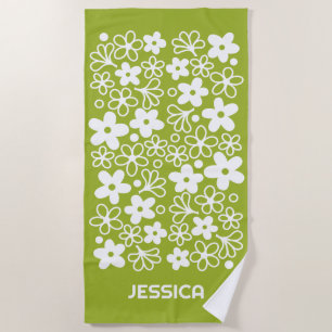 Crazy Daisy Pattern in Spring Green with Name Beach Towel