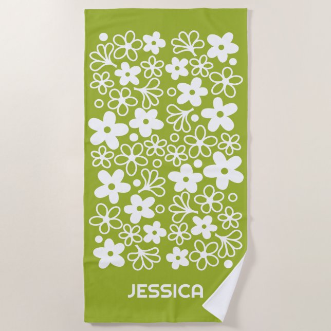 Crazy Daisy Pattern in Spring Green with Name Beach Towel (Front)