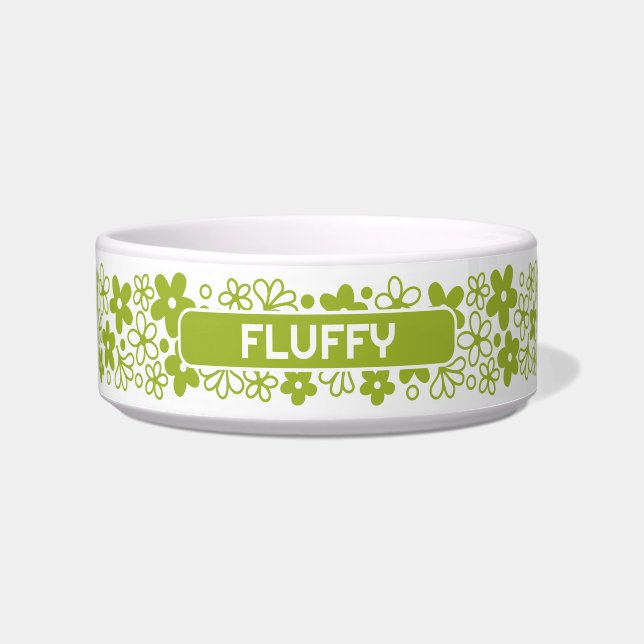 Crazy Daisy Pattern in Spring Green with Name Bowl (Front)