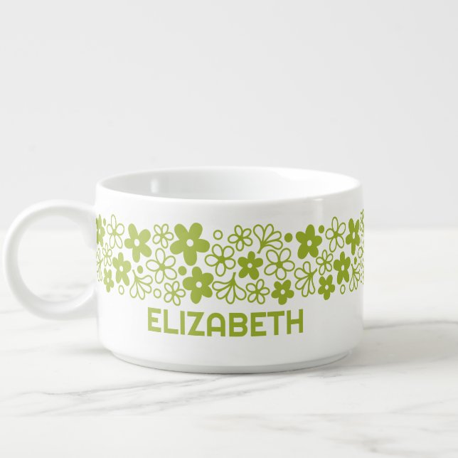 Crazy Daisy Pattern in Spring Green with Name Bowl (Right)
