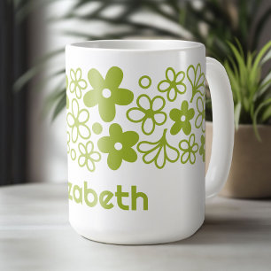 Crazy Daisy Pattern in Spring Green with Name Coffee Mug