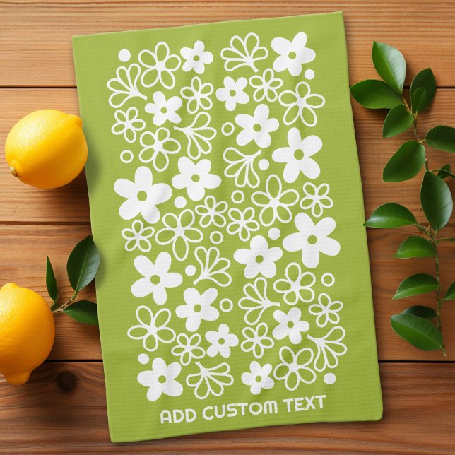 Crazy Daisy Pattern in Spring Green with Name Kitchen Towel (Custom Kitchen Towel)