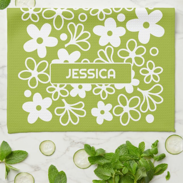 Crazy Daisy Pattern in Spring Green with Name Kitchen Towel (Folded)