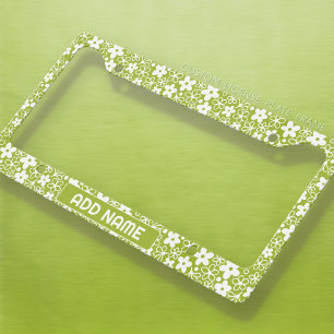 Crazy Daisy Pattern in Spring Green with Name License Plate Frame