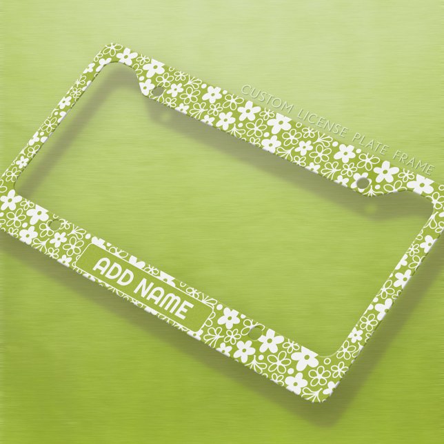 Crazy Daisy Pattern in Spring Green with Name License Plate Frame (Personalized Car License Frame)