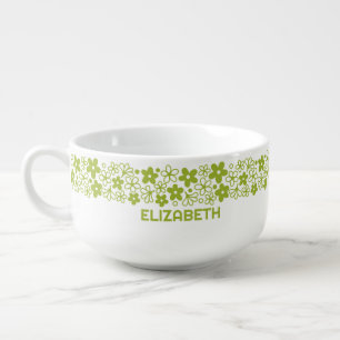 Crazy Daisy Pattern in Spring Green with Name Soup Mug