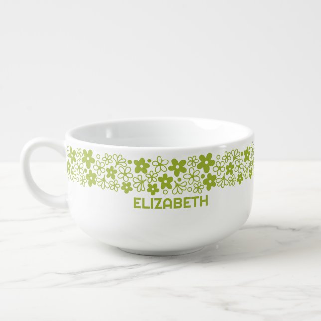 Crazy Daisy Pattern in Spring Green with Name Soup Mug (Right)